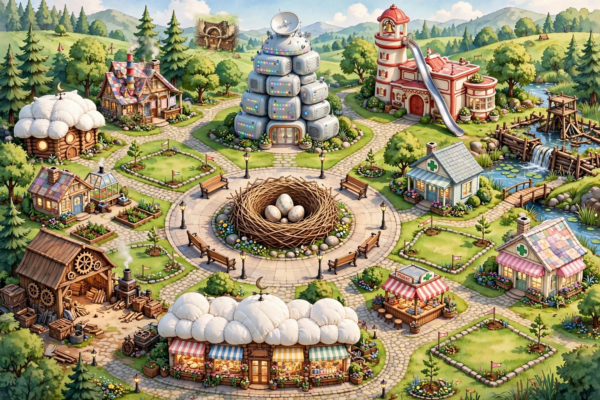 Illustrated bird's-eye map of the Town Center