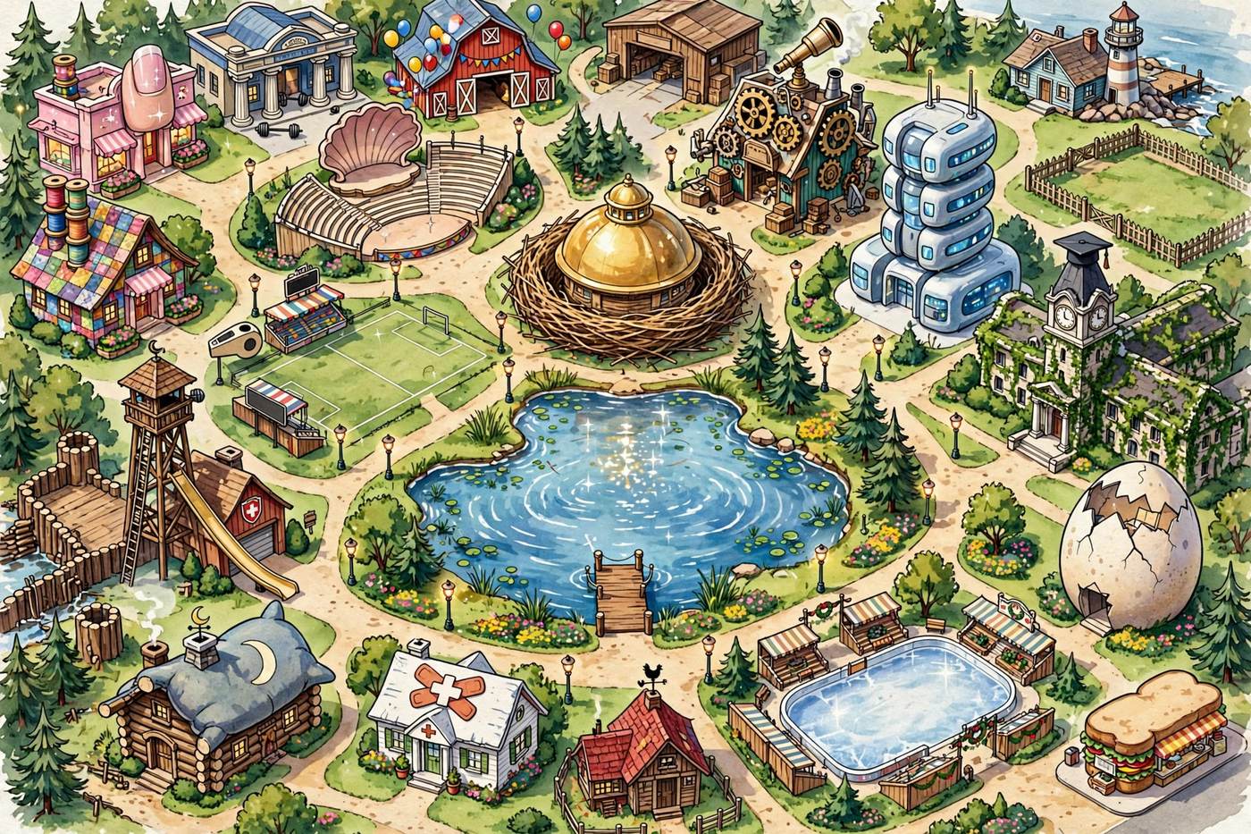 Illustrated bird's-eye map of the Chips n Qwackers campus