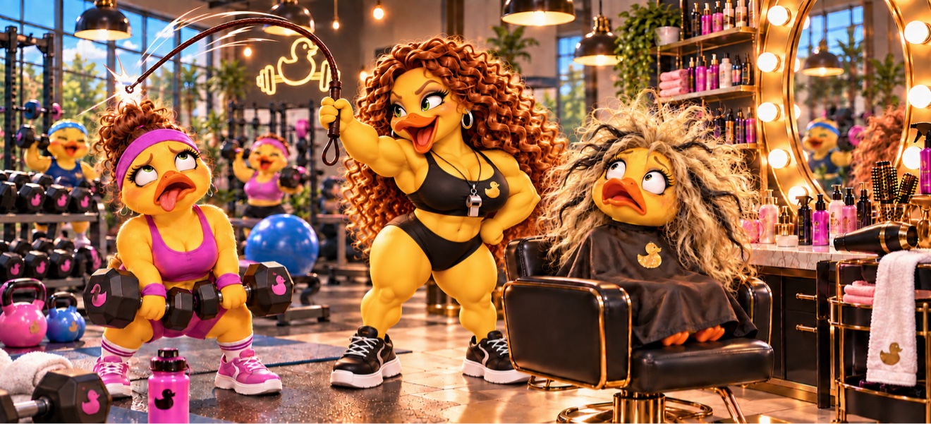 Buff duck trainer with a whip leading boot camp at the flock gym and salon