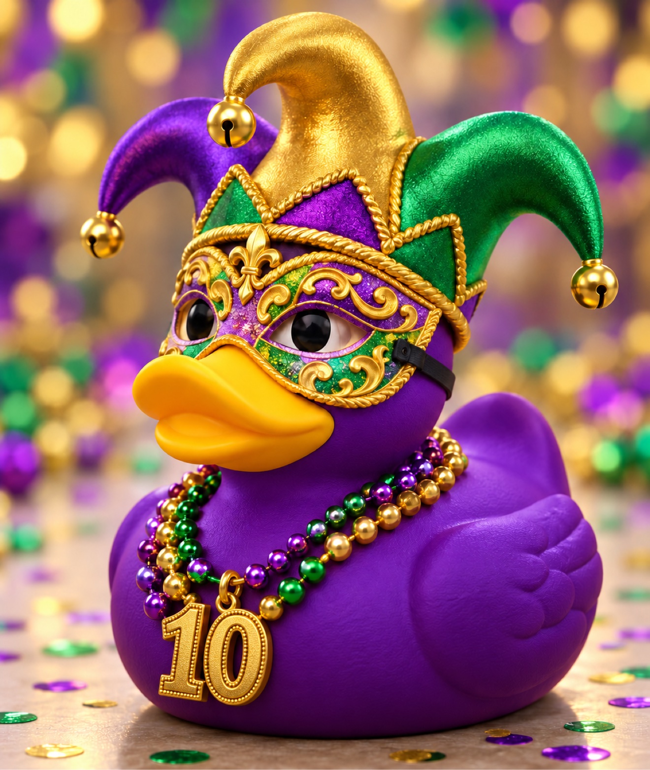 Purple Mardi Gras jester duck with mask and beads