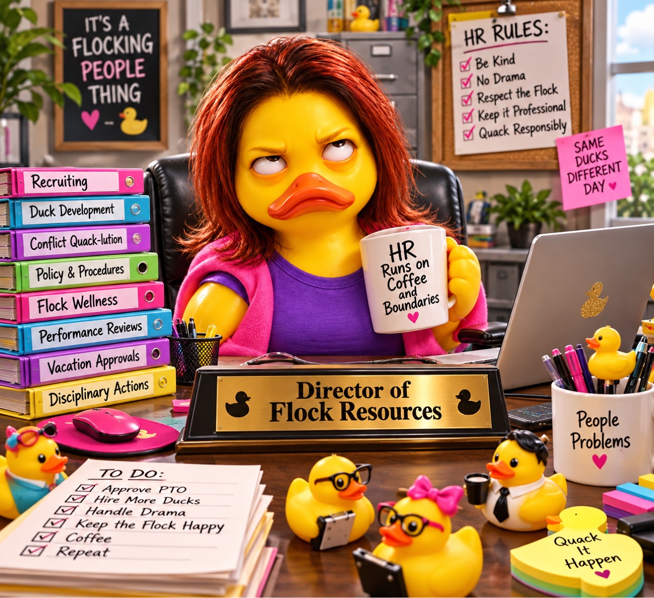 Grumpy duck at her HR desk with a Director of Flock Resources nameplate