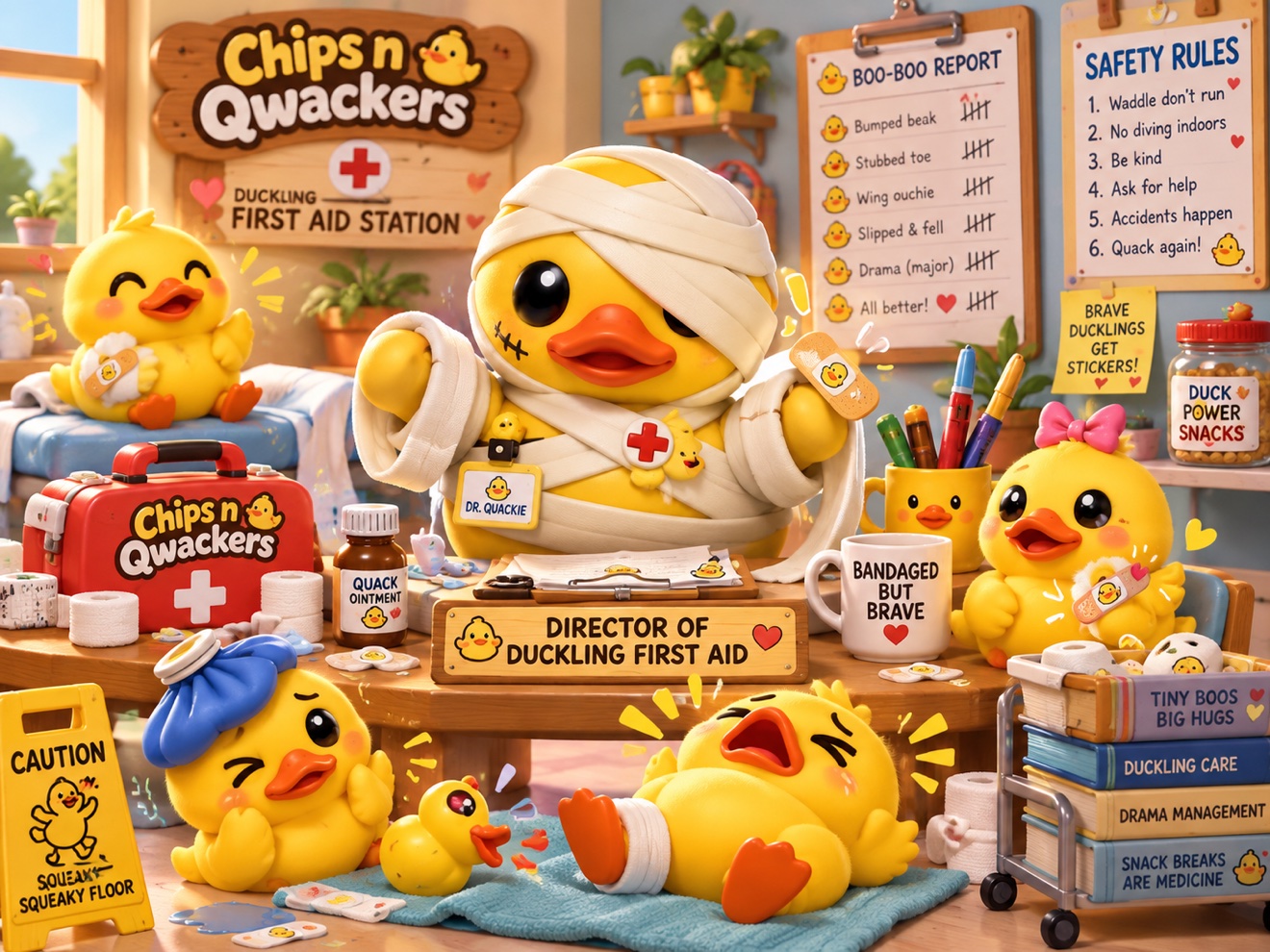 Bandaged duck running the Chips n Qwackers duckling first aid station