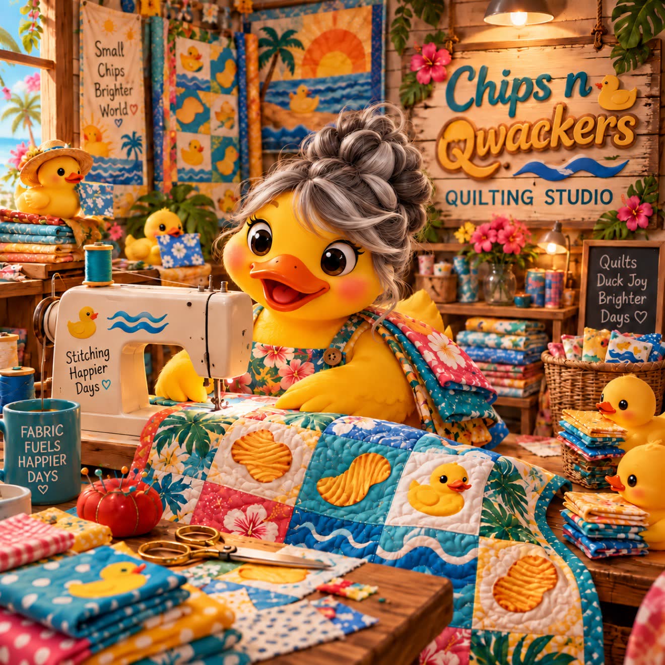 Duck with a gray bun quilting at a sewing machine in the Chips n Qwackers Quilting Studio, surrounded by duck-print quilts