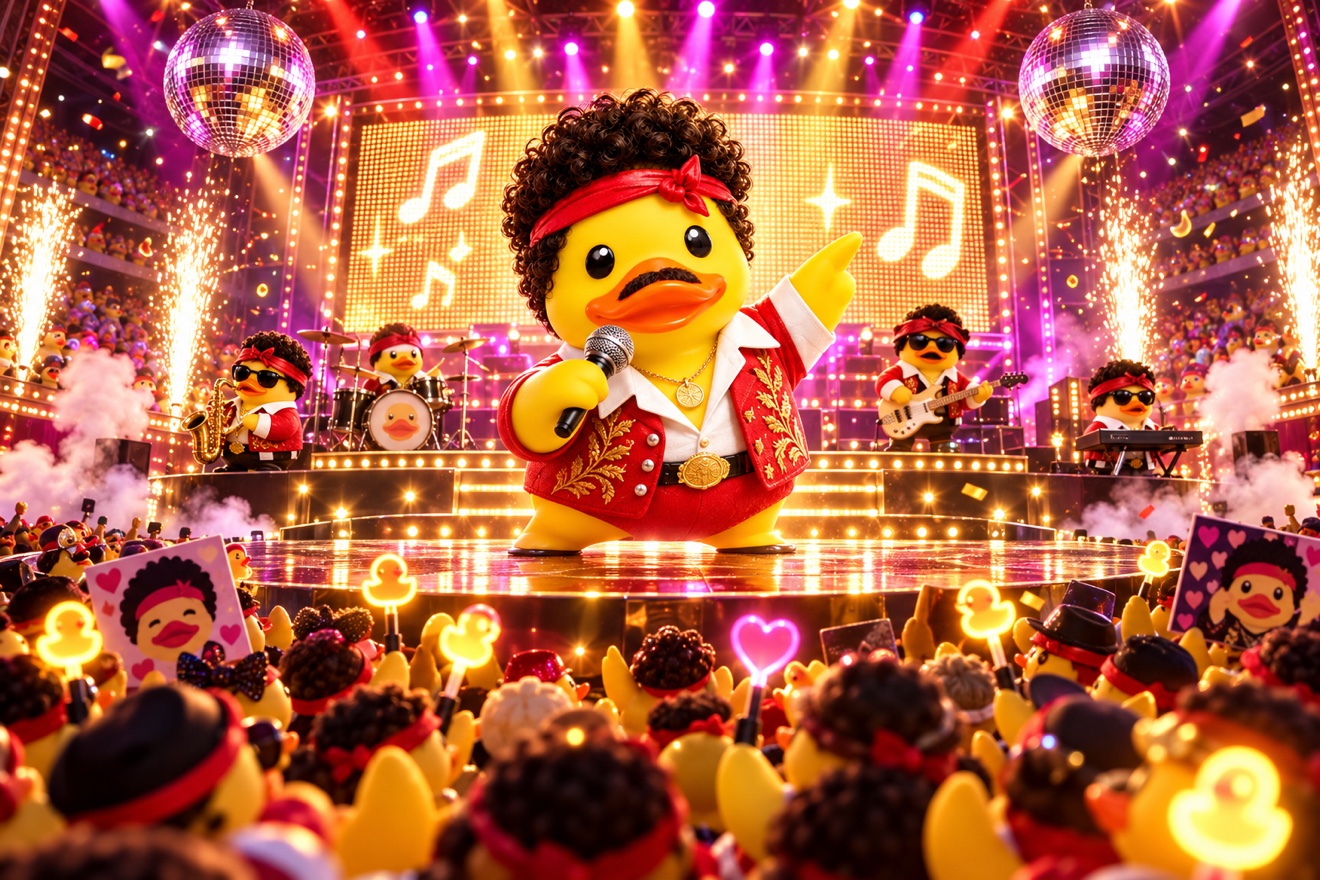 Rock star duck with afro and mustache performing on a concert stage with a band