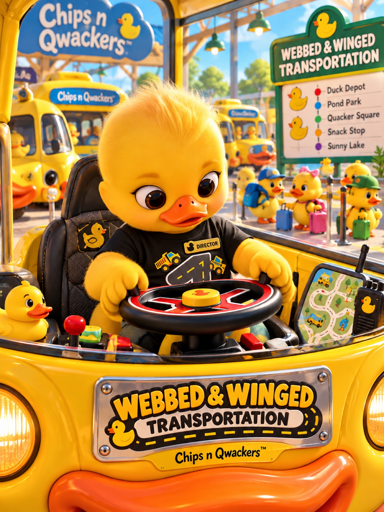 Baby duck director driving a yellow Webbed and Winged Transportation bus