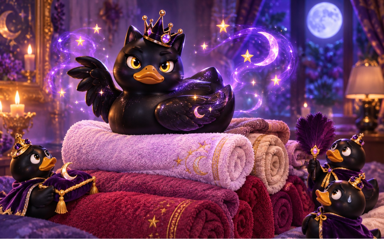 Cleopatra, a black crowned duck with golden eyes, reigning over rolled towels under a full moon